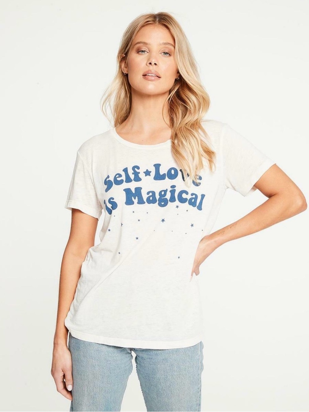 Chaser Off-white Short-Sleeve Vintage Tee with Blue 'Self Love Is Magical'